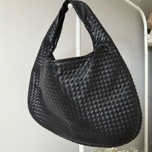 Black Woven Leather Hobo Bag